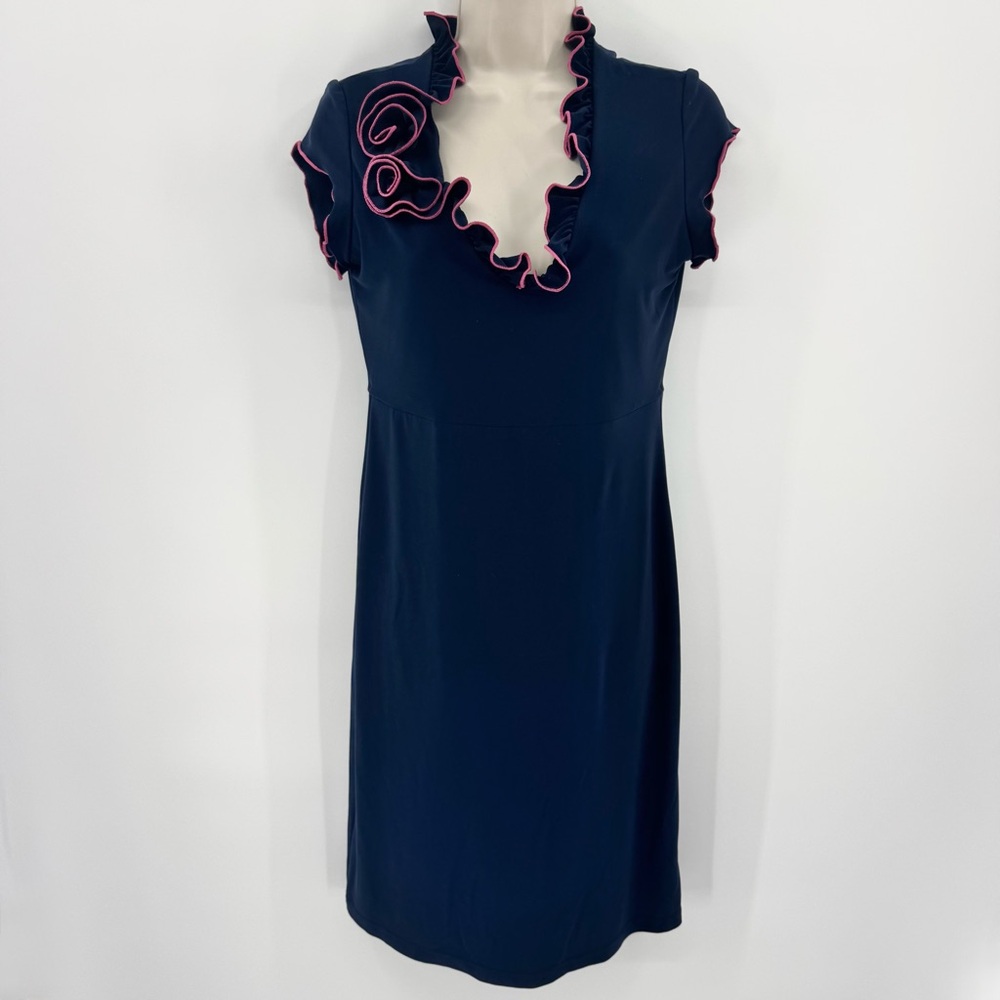 Joseph Ribkoff Navy Pink Lettuce Ruffle Contrast Spiral Trim Stretch Dress Sz 8